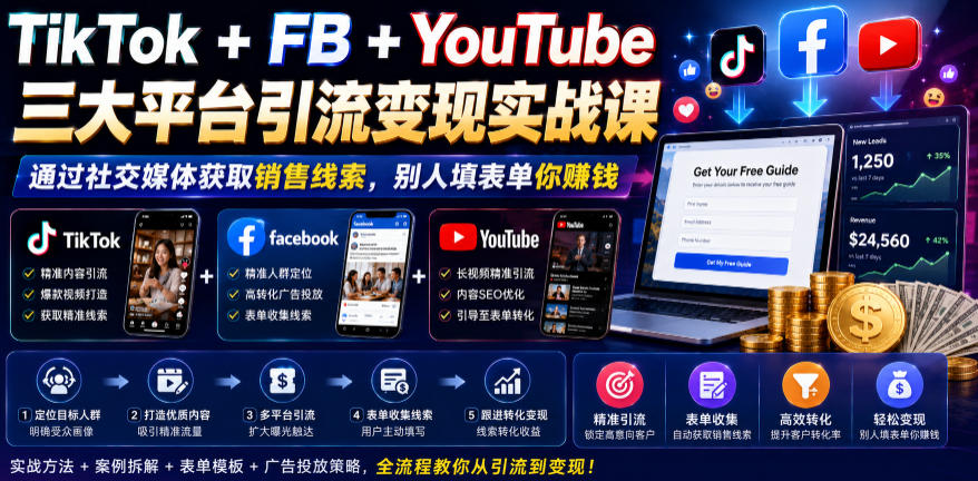 TikTok+FB+YouTube三大平台引流变现实战课，通过社交媒体获取销售线索，别人填表单你賺钱【原创双语字幕】-大象聊项目