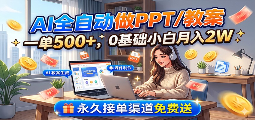 AI全自动做PPT/教案，一单500+，0基础小白月入2W，永久接单渠道免费送-大象聊项目