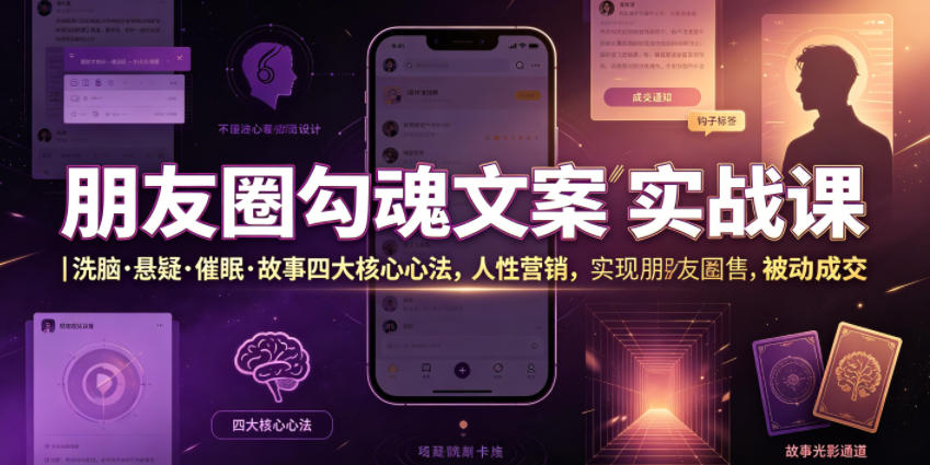 朋友圈勾魂文案实战课｜洗脑·悬疑·催眠·故事四大核心心法，吃透人性营销，实现朋友圈不销而售被动成交-大象聊项目