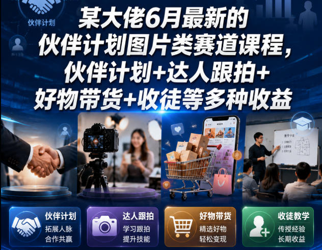 某大佬6月最新的伙伴计划图片类赛道课程，伙伴计划+达人跟拍+好物带货+收徒等多种收益-大象聊项目
