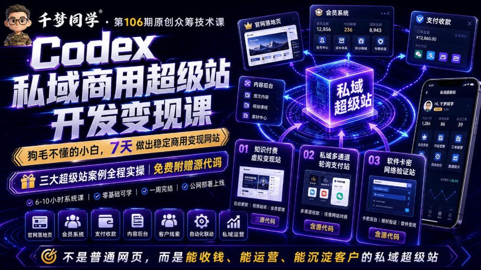 Codex私域商用超级站Ai开发变现课，7天带你从零基础到能自己动手做出能收钱、能运营、能沉淀客户的私域超级站-大象聊项目