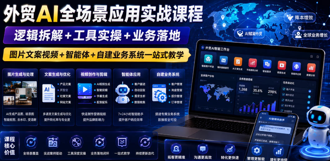 外贸AI全场景应用实战课程｜逻辑拆解+工具实操+业务落地，图片文案视频+智能体+自建业务系统一站式教学-大象聊项目