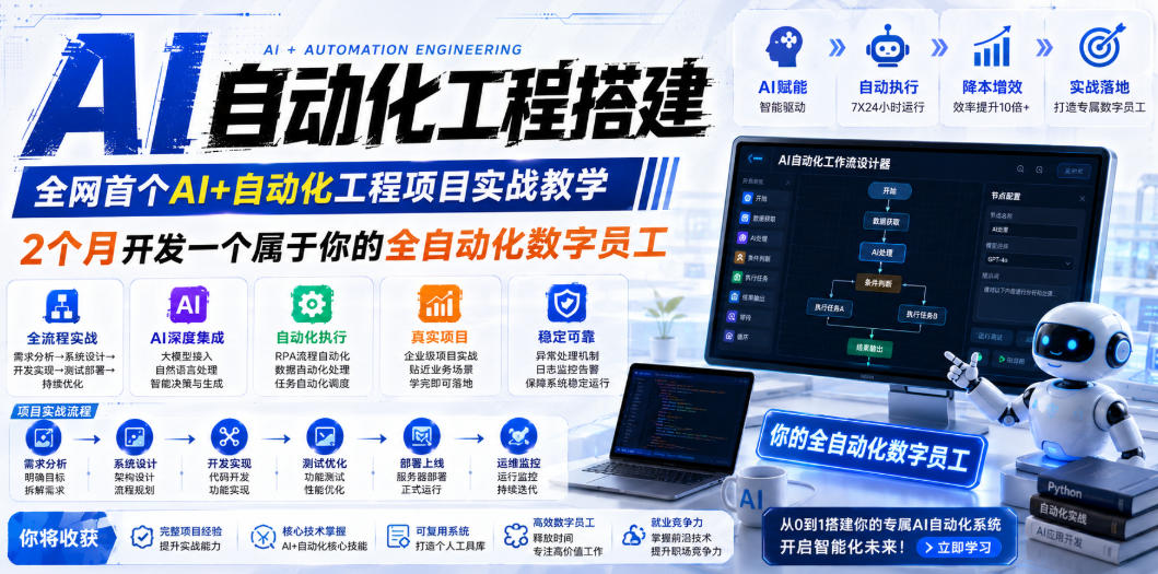AI自动化工程搭建，全网首个Al+自动化工程项目实战教学，2个月开发一个属于你的全自动化数字员工，从0到1全栈实战-大象聊项目