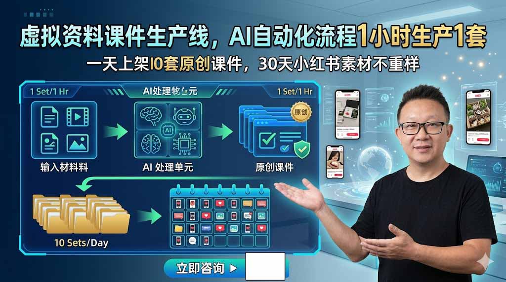 虚拟资料课件生产线，AI自动化流程1小时生产1套，一天上架10套原创课件，30天小红书素材不重样-大象聊项目