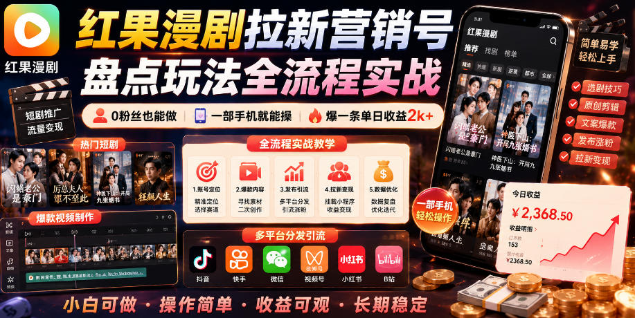 红果漫剧拉新营销号盘点玩法全流程实战，0粉丝也能做，一部手机就能做，爆一条单日收益2k+(更新0628)-大象聊项目