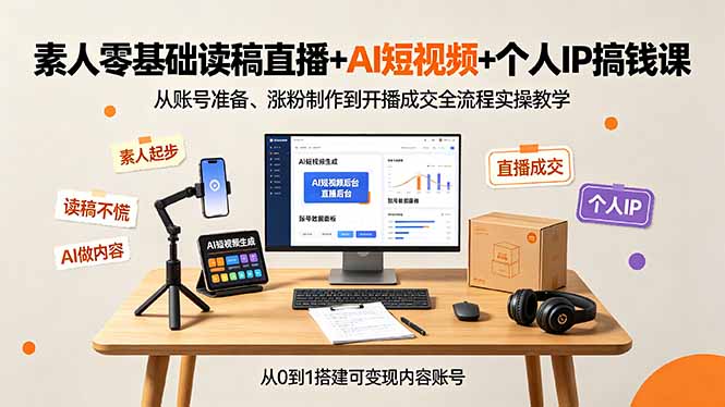 素人零基础读稿直播+AI短视频+个人IP搞钱课，从账号准备、涨粉制作到开播成交全流程实操教学-大象聊项目