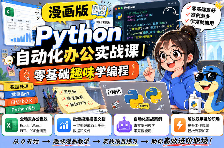 漫画版Python自动化办公实战课｜零基础趣味学编程，全场景办公提效、批量搞定报表文档、解放双手进阶职场-大象聊项目