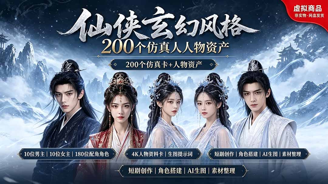 200个仙侠玄幻仿真人素材◆10男主×10女主×180配角，4K资料卡+AI生图提示词，漫剧必备-大象聊项目
