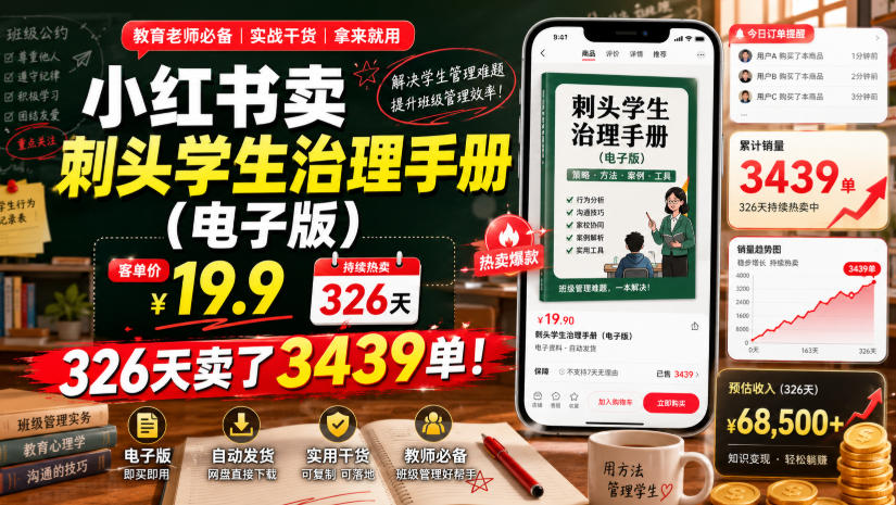 小红书卖刺头学生治理手册(电子版)，客单价19.9，326天卖了3439单！-大象聊项目