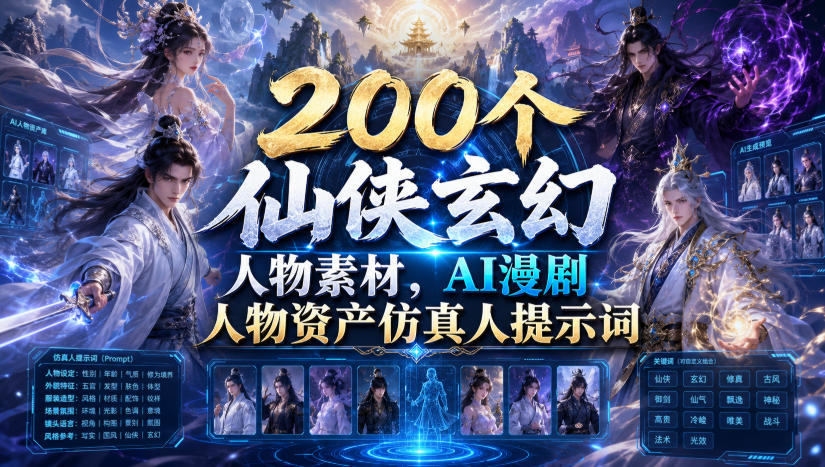 200个仙侠玄幻人物素材，AI漫剧人物资产仿真人提示词-大象聊项目