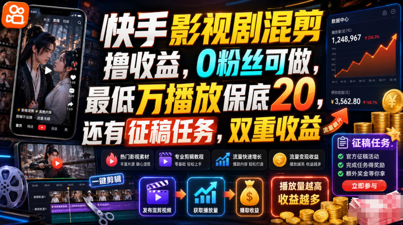 快手影视剧混剪撸收益，0粉丝可做，最低万播放保底20，还有征稿任务，双重收益-大象聊项目