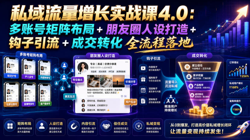 私域流量增长实战课4.0：多账号矩阵布局+朋友圈人设打造+钩子引流+成交转化全流程落地-大象聊项目