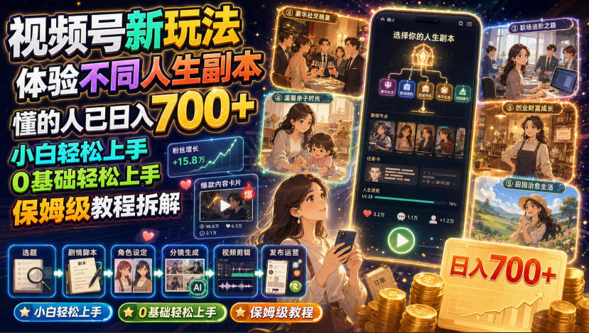 视频号新玩法体验不同人生副本，懂的人已日入700+，小白轻松上手，0基础轻松上手，保姆级教程拆解-大象聊项目