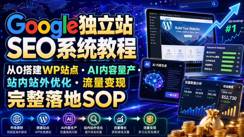 Google独立站SEO系统教程，从0搭建WP站点・AI内容量产・站内站外优化・流量变现完整落地SOP(2026年7月)-大象聊项目