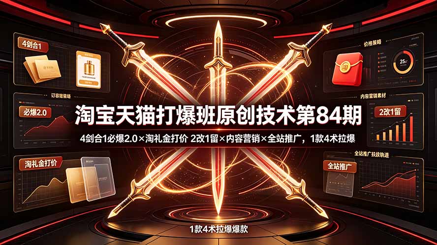 淘宝天猫打爆班原创技术第84期：4剑合1必爆2.0×淘礼金打价×2改1留×内容营销×全站推广，1款4术拉爆-大象聊项目