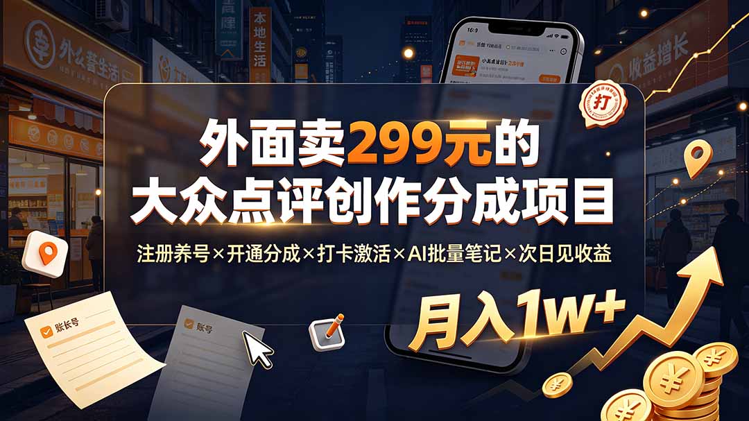 外面卖299元的大众点评创作分成项目：注册养号×开通分成×打卡激活×AI批量笔记×次日见收益，月入1w+-大象聊项目