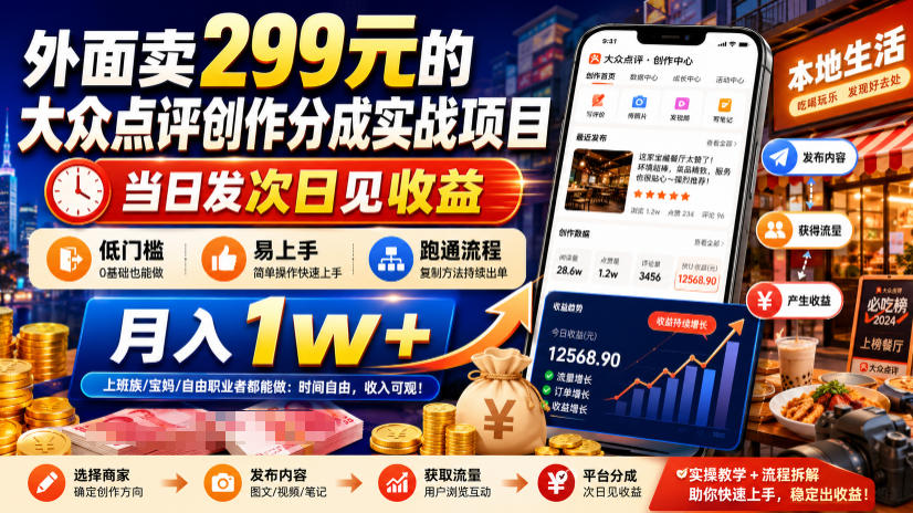 外面卖299元的大众点评创作分成实战项目，当日发次日见收益，低门槛易上手，跑通流程月入1w+-大象聊项目
