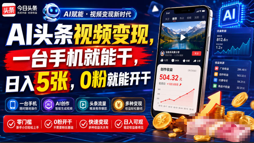 AI头条视频变现，一台手机就能干，日入5张，0粉就能开干-大象聊项目