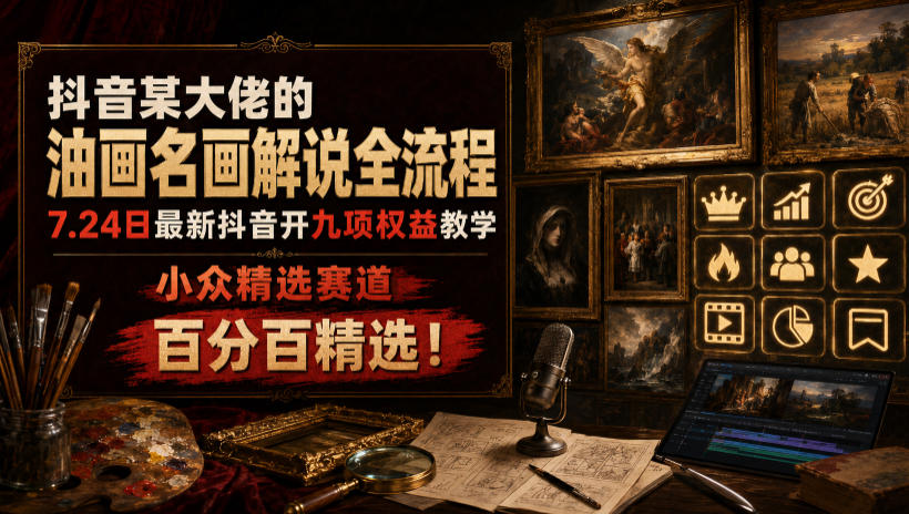 抖音某大佬的油画名画解说全流程，7.24日最新抖音开九项权益教学，小众精选赛道，百分百精选！-大象聊项目