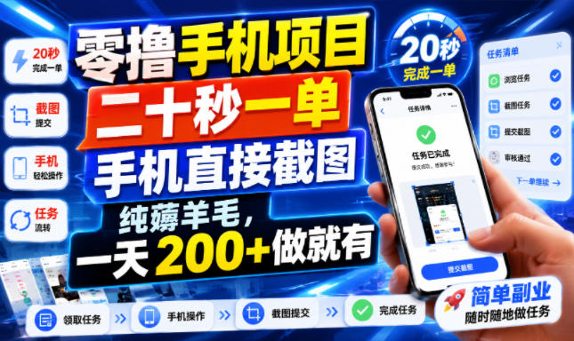 零撸手机项目，二十秒一单，手机直接截图，纯薅羊毛，一天200+做就有【揭秘】-大象聊项目