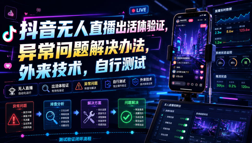 抖音无人直播出活体验证，异常问题解决办法，外来技术，自行测试-大象聊项目