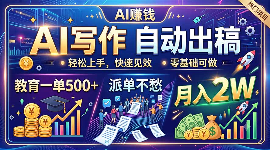 AI写作自动出稿，教育一单500+，派单不愁，月入2W-大象聊项目