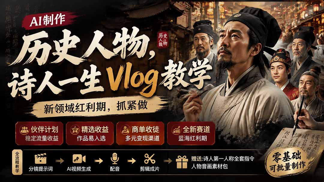 历史人物，诗人一生Vlog教学， AI制作丨伙伴计划丨精选收益丨商单收徒 ，新领域红利期，抓紧做-大象聊项目