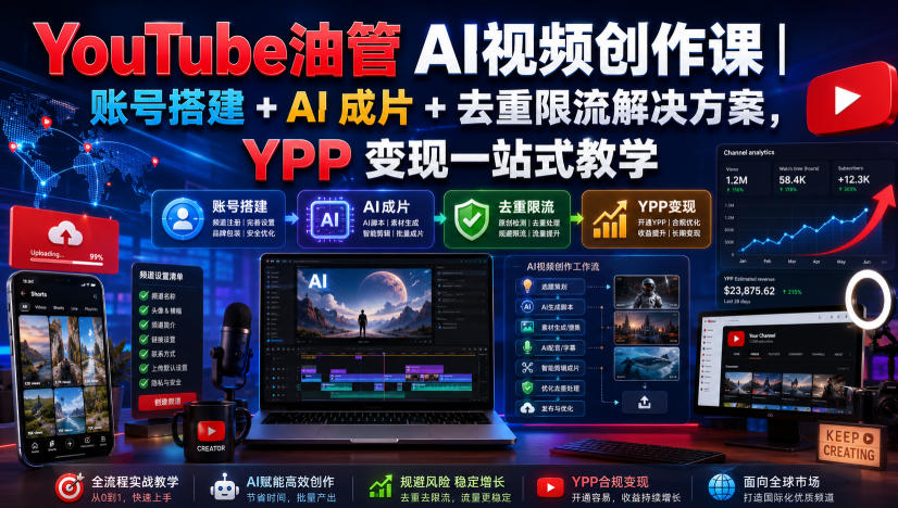 YouTube油管AI视频创作课｜账号搭建+AI成片+去重限流解决方案，YPP变现一站式教学(更新0809)-大象聊项目