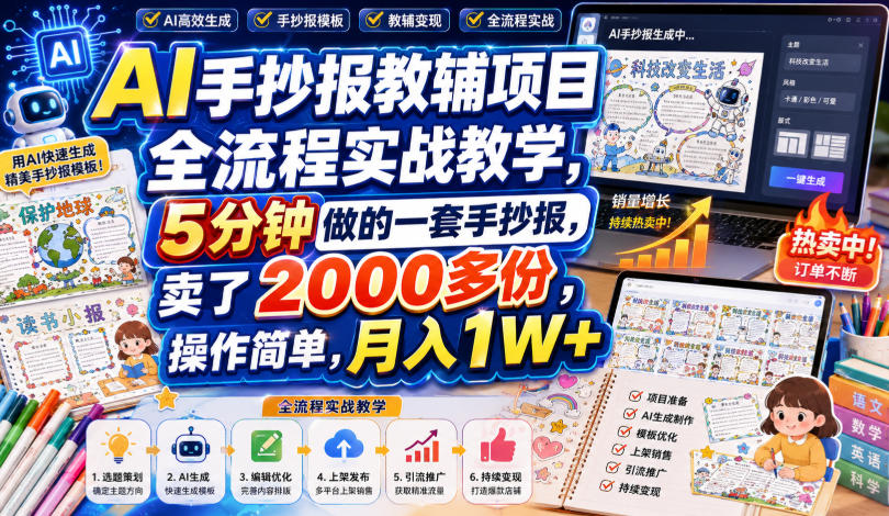 AI手抄报教辅项目全流程实战教学，5分钟做的一套手抄报，卖了2000多份，操作简单，月入1W+-大象聊项目