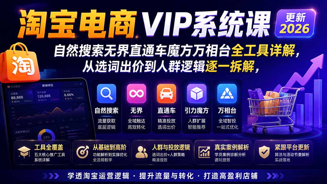 淘宝电商VIP系统课-更新8月；自然搜索无界直通车魔方万相台全工具详解，从选词出价到人群逻辑逐一拆解-大象聊项目