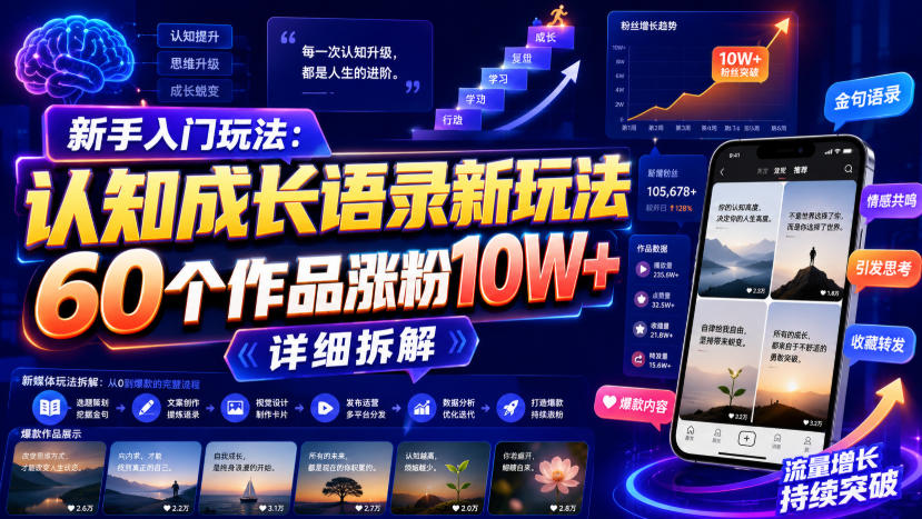 新手入门玩法：认知成长语录新玩法，60个作品涨粉10W+，详细拆解-大象聊项目