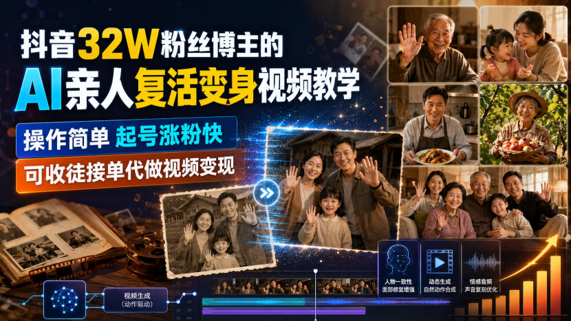 抖音32W粉丝博主的AI亲人复活变身视频教学，操作简单，起号涨粉快，可收徒接单代做视频变现-大象聊项目