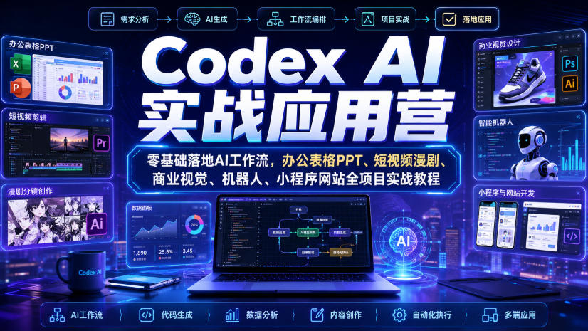 Codex AI实战应用营｜零基础落地AI工作流，办公表格PPT、短视频漫剧、商业视觉、机器人、小程序网站全项目实战教程-大象聊项目