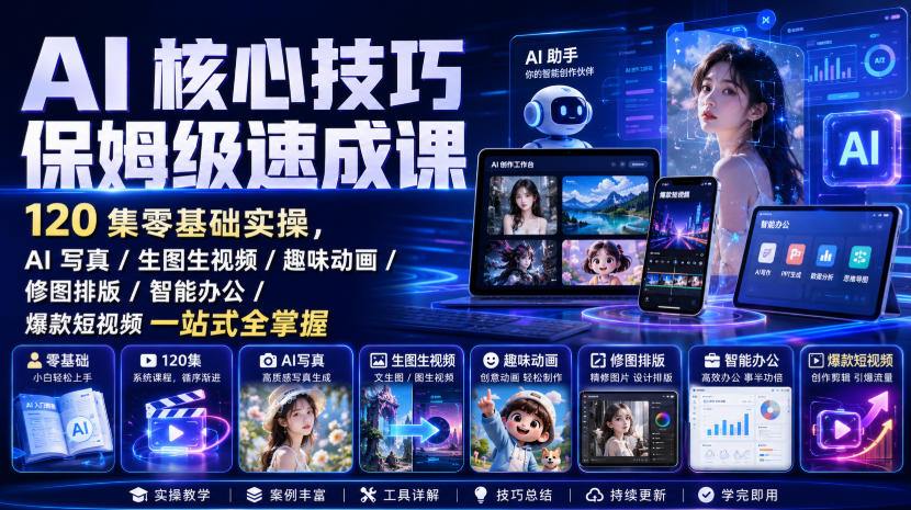 AI核心技巧保姆级速成课｜120集零基础实操，AI写真/生图生视频/趣味动画/修图排版/智能办公/爆款短视频一站式全掌握-大象聊项目