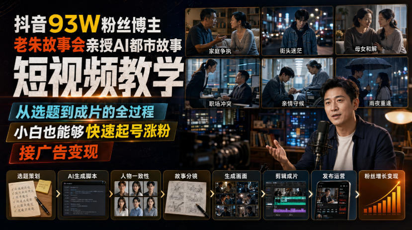 抖音93W粉丝博主老朱故事会亲授AI都市故事短视频教学，从选题到成片的全过程，小白也能够快速起号涨粉接广告变现-大象聊项目