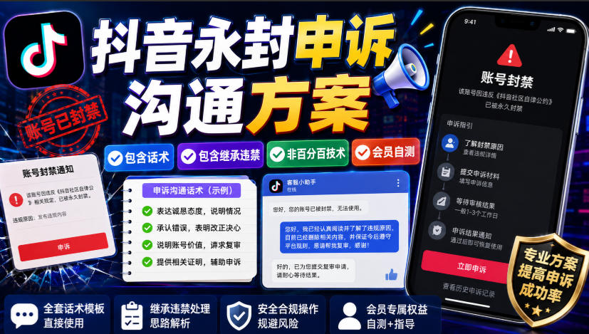 抖音永封申诉沟通方案，包含话术，包含继承违禁，非百分百技术，会员自测-大象聊项目