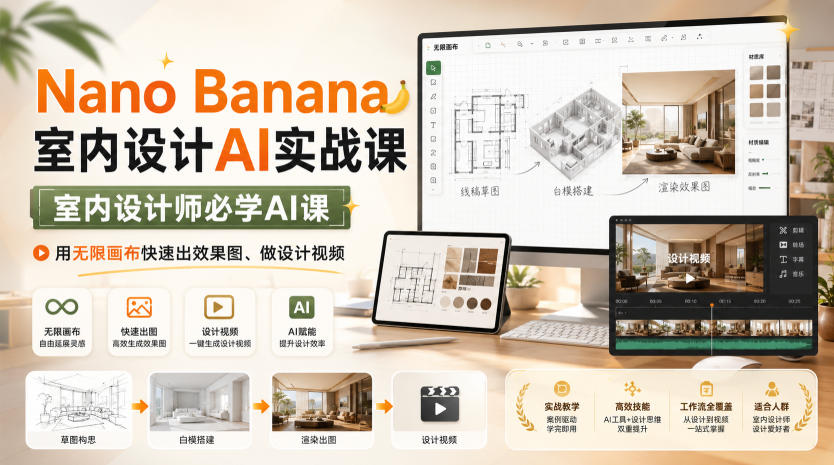 Nano Banana室内设计AI实战课，室内设计师必学AI课，用无限画布快速出效果图、做设计视频-大象聊项目