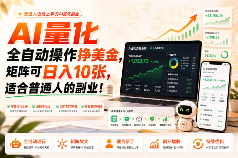 AI量化全自动操作挣美金，矩阵可日入10张，适合普通人的副业！【揭秘】-大象聊项目