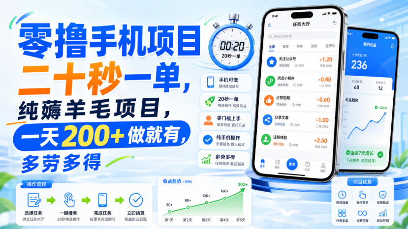 零撸手机项目，二十秒一单，纯薅羊毛项目，一天200+做就有，多劳多得【揭秘】-大象聊项目