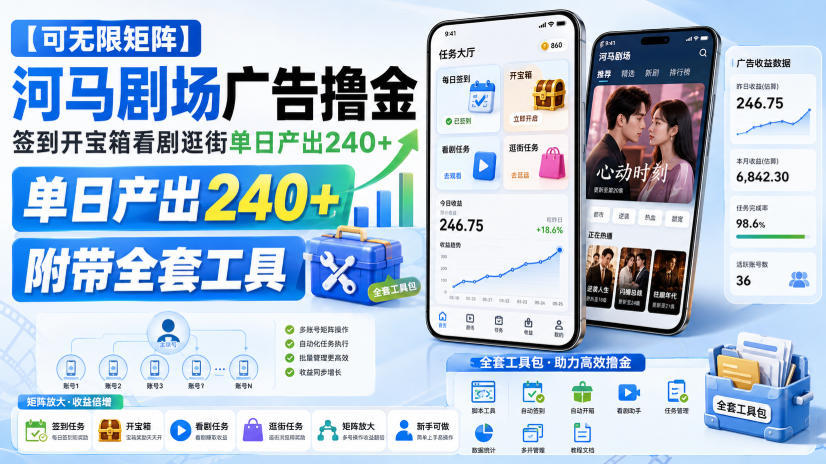 【可无限矩阵】河马剧场广告撸金，签到开宝箱看剧逛街单日产出240+，附带全套工具【揭秘】-大象聊项目