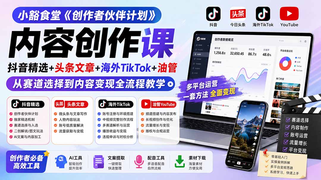小豁食堂《创作者伙伴计划》内容创作课：抖音精选+头条文章+海外TikTok+油管，从赛道选择到内容变现全流程教学-大象聊项目