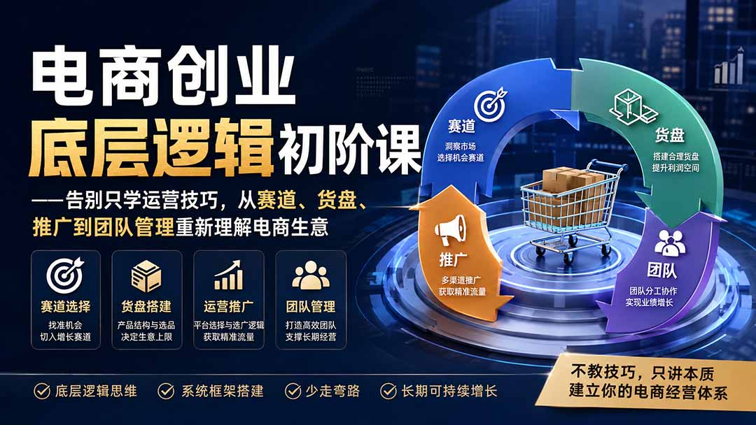 电商创业底层逻辑初阶课——告别只学运营技巧，从赛道、货盘、推广到团队管理重新理解电商生意-大象聊项目