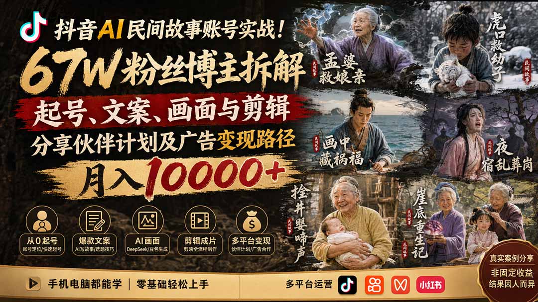 抖音AI民间故事账号实战！67W粉丝博主拆解起号、文案、画面与剪辑，分享伙伴计划及广告变现路径，月入10000+-大象聊项目