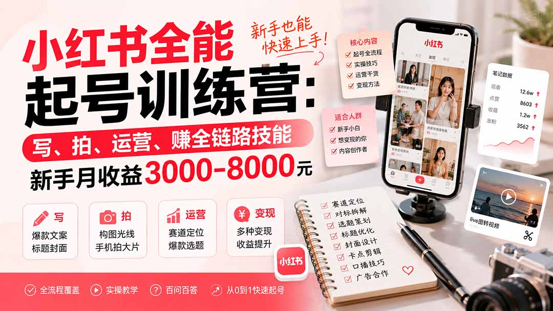 小红书全能起号训练营-更新：写、拍、运营、赚全链路技能，新手月收益3000-8000元-大象聊项目