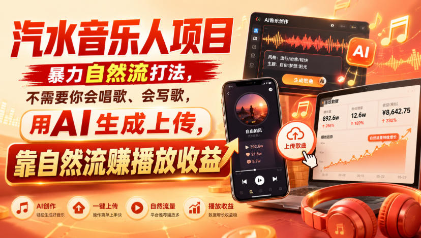 汽水音乐人项目，暴力自然流打法，不需要你会唱歌、会写歌，用AI生成上传，靠自然流賺播放收益-大象聊项目