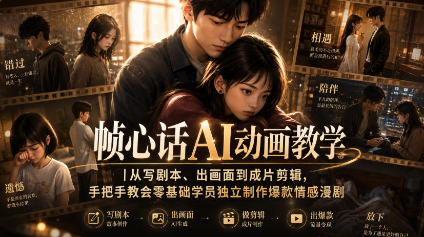 帧心话AI动画教学｜从写剧本、出画面到成片剪辑，手把手教会零基础学员独立制作爆款情感漫剧-大象聊项目