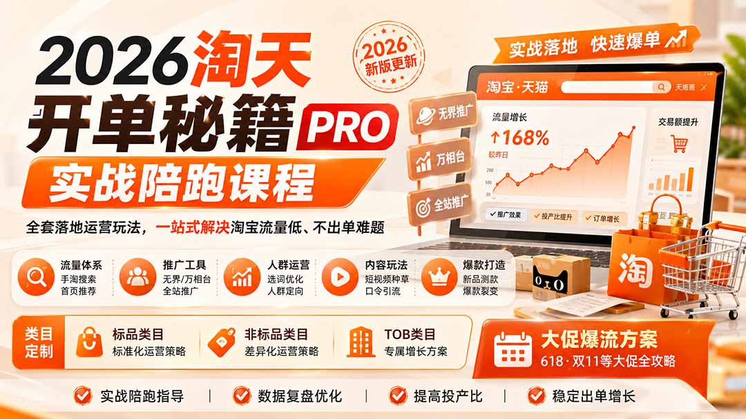 2026淘天开单秘籍PRO实战陪跑课程：全套落地运营玩法，一站式解决淘宝流量低、不出单难题(更新260823-大象聊项目