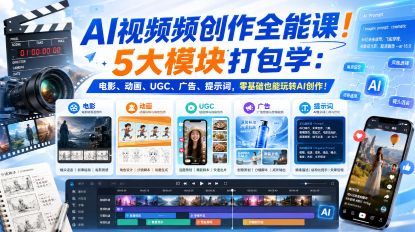 AI视频频创作全能课！5大模块打包学：电影、动画、UGC、广告、提示词，零基础也能玩转AI创作！【原创双语字幕】-大象聊项目