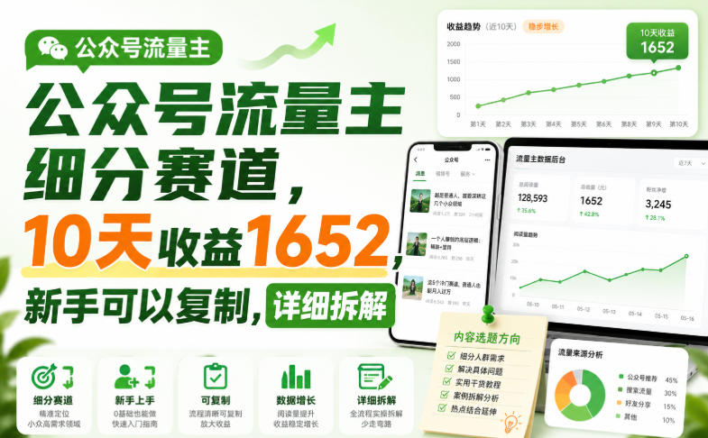 公众号流量主细分赛道，10天收益1652，新手可以复制，详细拆解-大象聊项目