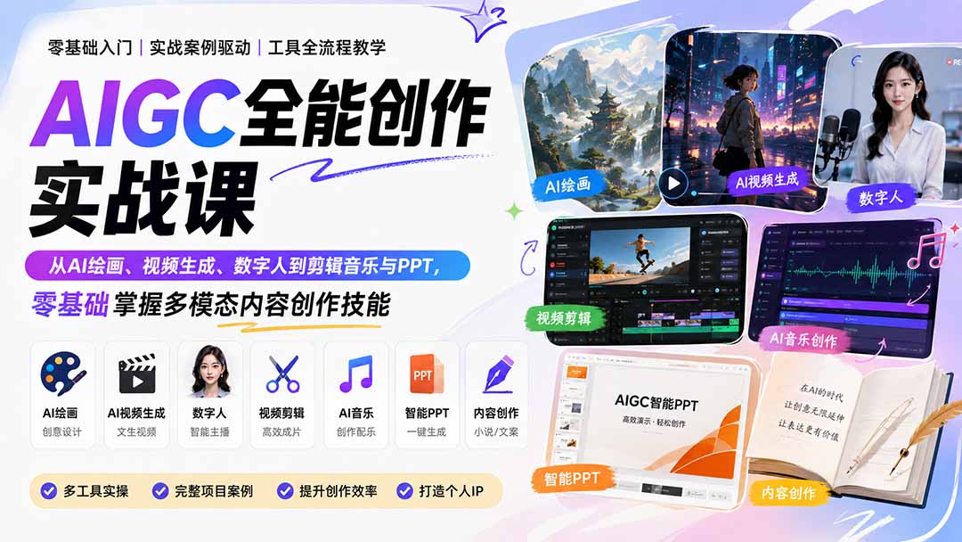 AIGC全能创作实战课：从AI绘画、视频生成、数字人到剪辑音乐与PPT，零基础掌握多模态内容创作技能-大象聊项目